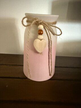 Pink Ceramic Vase w/Jute String Wooden Beads Heart Charm Farmhouse Boho Cottage